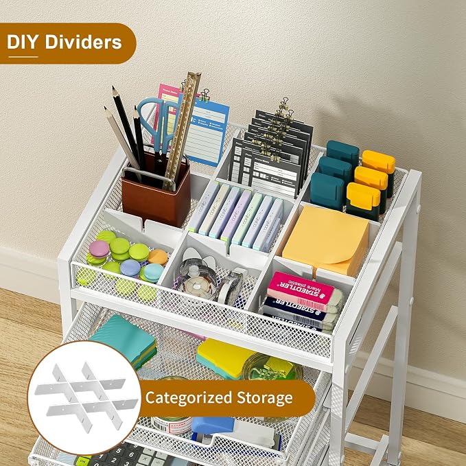 Rolling File Cart with 3 Storage Drawers, Under Desk Organizer with DIY Divider, Moblie Filing Cabinet on Wheels, Fits A4/Letter Size, Metal Utility Cart for Home Office, White