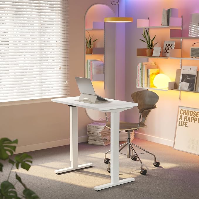 HUANUO 32x19 Inch Small Electric Standing Desk, Adjustable, White | 176 Lbs Capacity, Rounded Corners, Wheel-Ready Feet, Compact Desktop, Apartment Workspace, 28.3–46.5 Inch Height Range