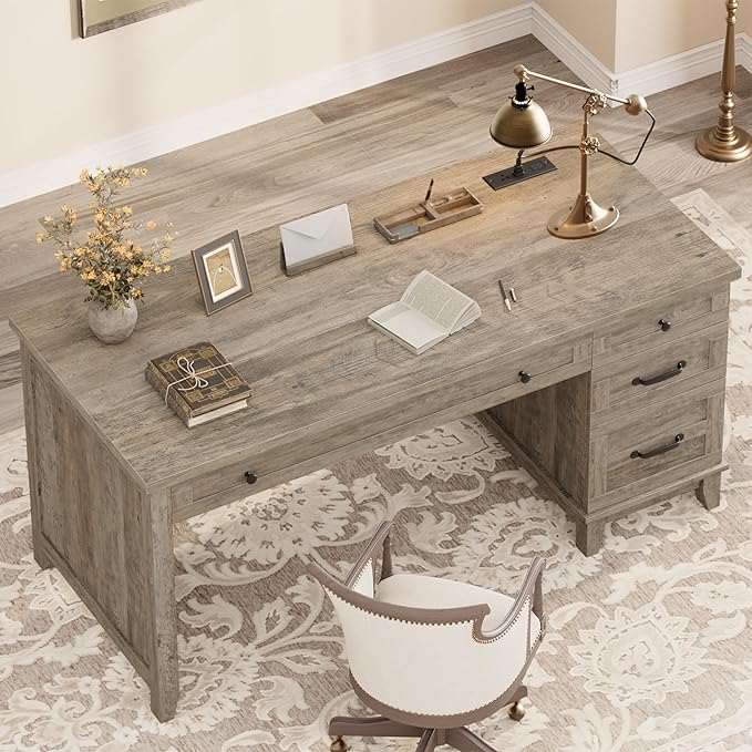 Garvee 53.5" Wooden Home Office Desk with File Drawers, Executive Desk with Power Outlet, Farmhouse Wood Desk with Storage, Distressed Study and Work Table, Rustic Grey