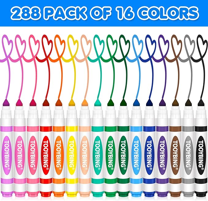 Washable Markers Bulk (288 Count), 16 Assorted Colors, Washable Markers for Kids Classroom School, Broad Tip Durable for Back to Classroom Art School Supplies Essentials