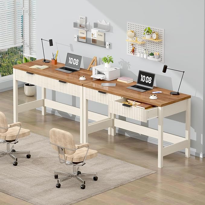47 Inch Small Fluted Computer Desk with 2 Drawers for Bedroom, Home Office | Small Computer Desk with Storage, Compact Writing Study Desk for Small Spaces