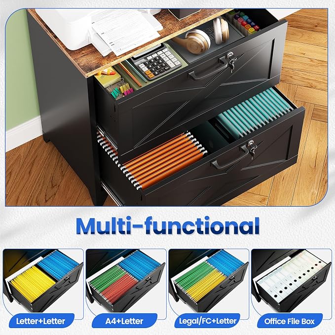 MIIIKO 2 Drawer Lateral File Cabinet with Lock,Metal Filing Storage Cabinets for Home Office,Files Folders Letter/Legal/A4 Size