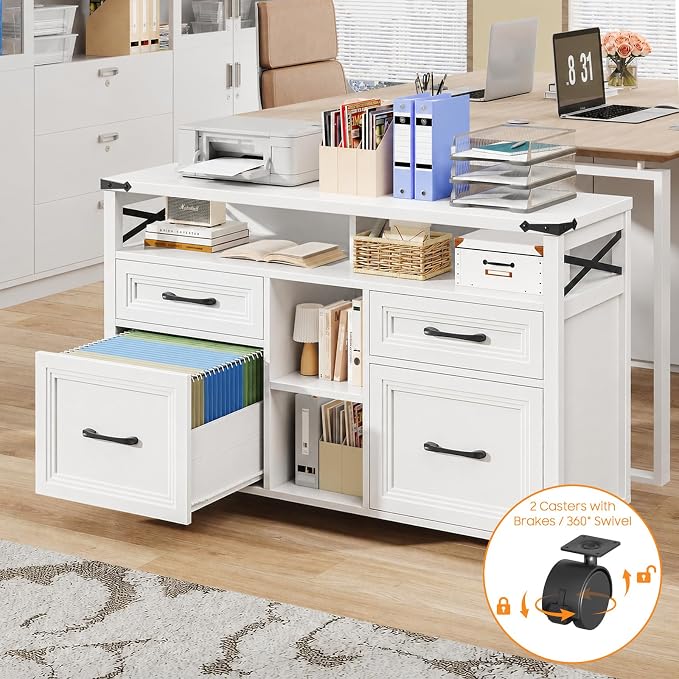 Halitaa Farmhouse Filing Cabinet with Adjustable Shelf & Wheels, White | Lateral File Cabinets, Office Storage Cabinet with 4 Drawers, Open Storage Space, for Hanging Files A4/Letter for Home Office
