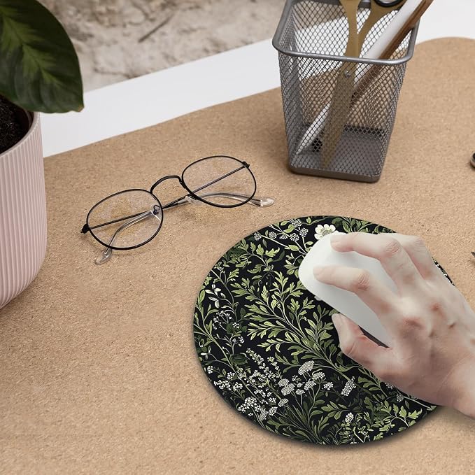 Floral Green Plant Mouse Pad, Vintage White Flower Botanical Cottagecore Mousepad Mouse Mat with Non-Slip Rubber Base for Home Office Desk Accessories, Green Office Supplies, 7.9x7.9 Inch