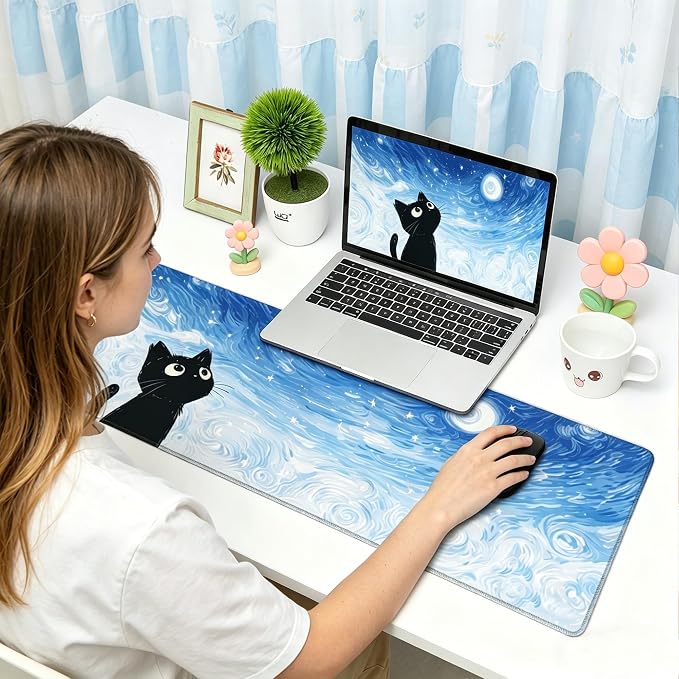 Starry Night Cat Mouse Pad,Cute Van Gogh Inspired Desk Mat,31.5x12in | Large Blue White Kawaii Black Kitty Gaming Mousepad,Nebula Sky Anime Aesthetic Desk Decor Keyboard Mat,80 x 30 cm