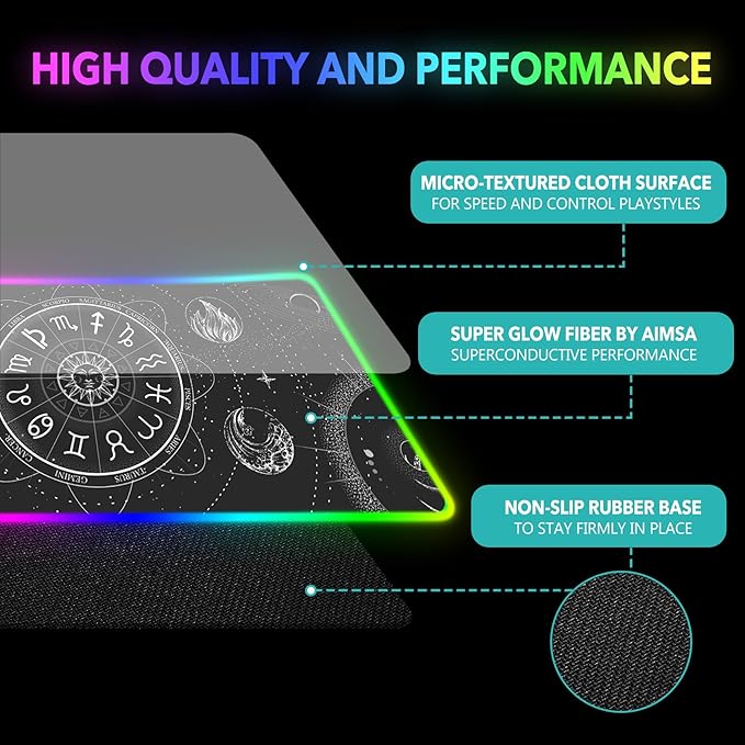 AIMSA RGB LED Gaming Mouse Pad, 14 Modes Glow Pad, Extra Large Gaming Mousepad, 35.4 x 15.8 inch Extended Big Waterproof Keyboard Mouse Pad Mat, Black Cosmic Constellation Magic