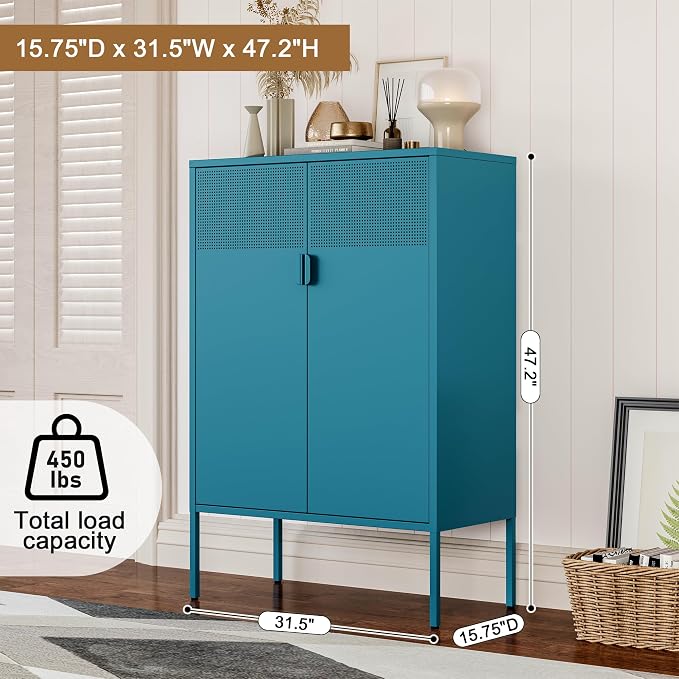 Chshin Metal Storage Cabinet,Kitchen Pantry Storage Cabinets with Doors,Buffet Cabinet with 2 Adjustable Shelves,Blue Pantry Cabinets,Steel Sideboard for Home,Shoes,Office,Dining Room