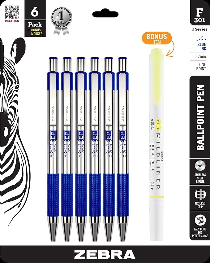 Zebra Pen STEEL F-301 Retractable Ballpoint Pen, Blue Ink, 0.7mm, 6-Pack | Stainless Steel Barrel, Non-Slip Grip, Easy-Glide Ink, Fine Point Tip, Includes a Bonus MILDLINER Highlighter (27193)