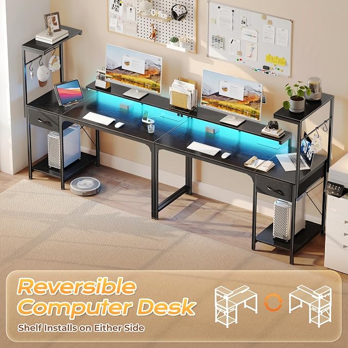 47.2 Inch Gaming Desk with LED Lights & Power Outlets | Computer Desk with Drawer & Storage Shelves, Office Writing Desk with Monitor Stand for Work from Home, Black