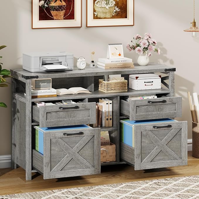 Halitaa File Cabinet with Open Storage Shelf for Home Office, Gray | Farmhouse, Lateral Filing Organization Storage Cabinets, 4 Drawers, Adjustable Shelf, Hanging Files Letter/A4