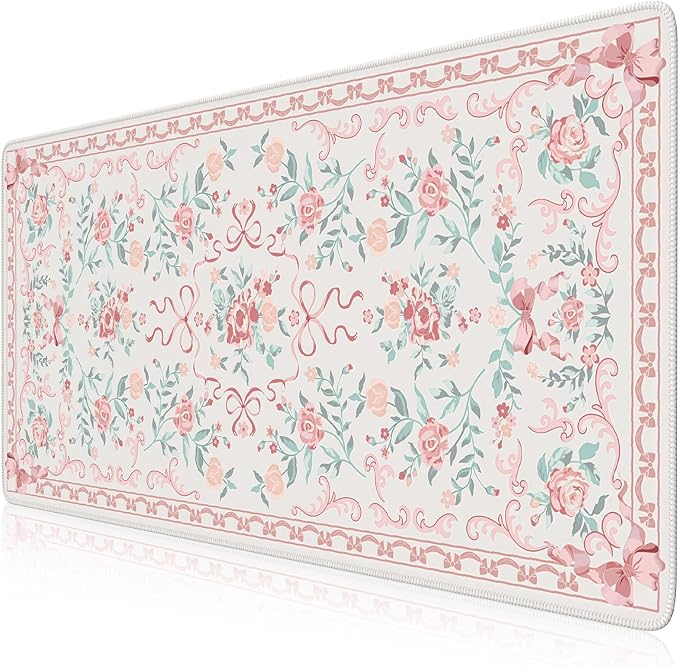 iCasso Aesthetic Desk Mat for Desktop,Cute Desk Pad for Women,Pink | Girly Bow Mouse Pad with Stitched Edges,Non-Slip Large Computer Mat for Home Office Study Gaming
