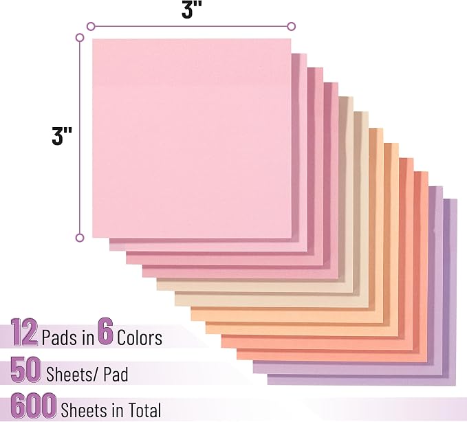 Mr. Pen- Sticky Notes, 3"x3", 12 Pads, 600 Sheets, Colorful | Sticky Notes Bulk, Self-Stick Note Pads, Perfect for Office, School, Home, Study & Organization