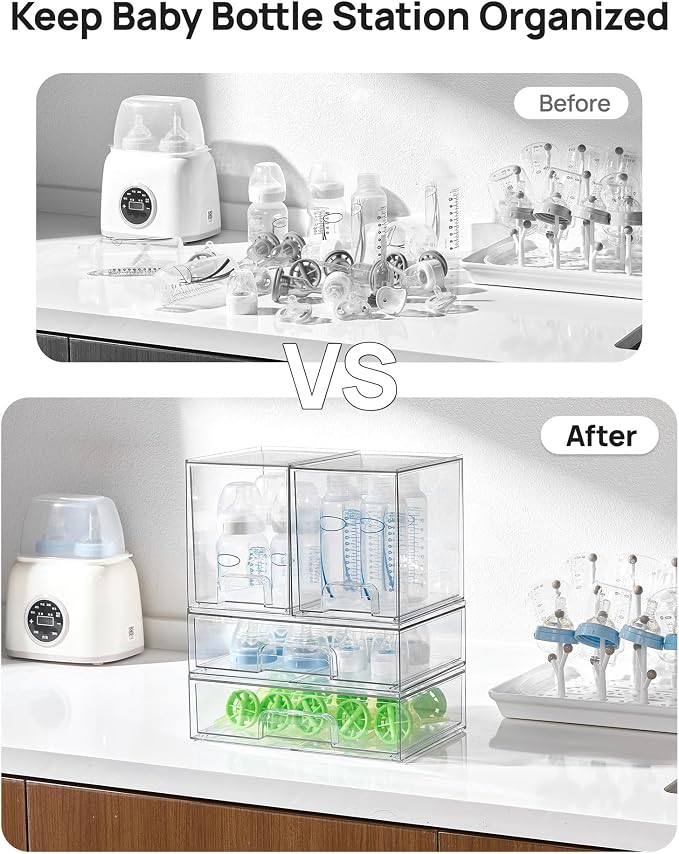 Vtopmart Clear Stackable Storage Drawers Set of 4, Baby Bottle Organizer | Plastic Organizer Bins for Makeup, Cosmetics, Beauty Supplies,Ideal for Vanity, Bathroom,Cabinet,Pantry Organization