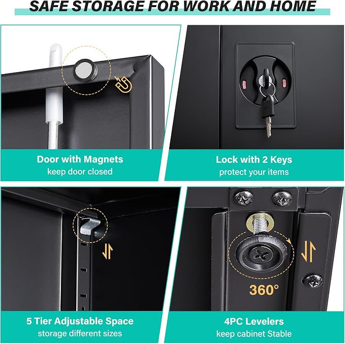 Metal Storage Cabinet with 2 Doors and 5 Shelves,71" Lockable Garage Storage Cabinet,Black Metal Cabinets with Lock,Locking Steel Cabinets for Home,Office,Garage,Shop,School