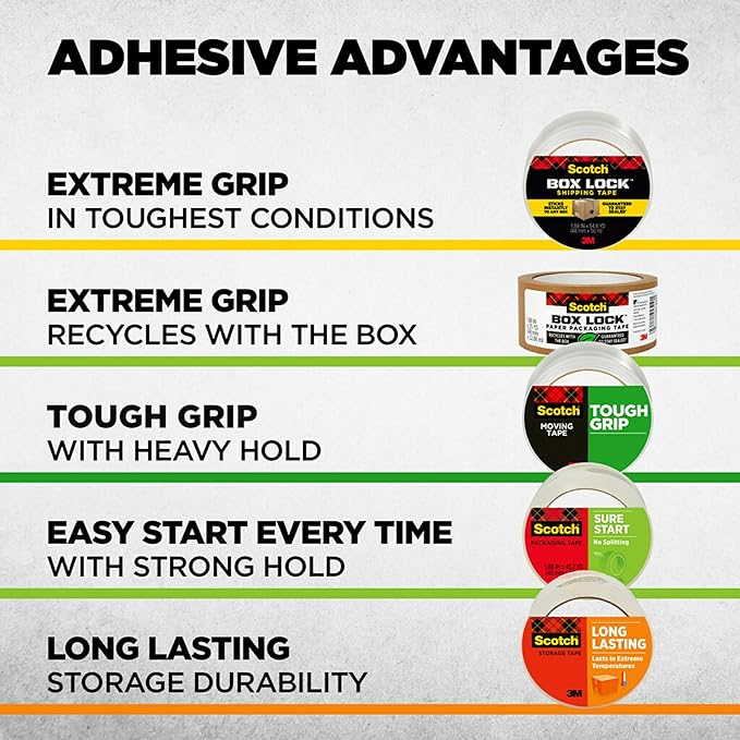 Scotch Tough Grip Moving Packing Tape, Clear, Moving Tape That Secures Boxes up to 80 Pounds, 1.88 in. x 22.2 yd., 6 Tape Rolls with Dispensers