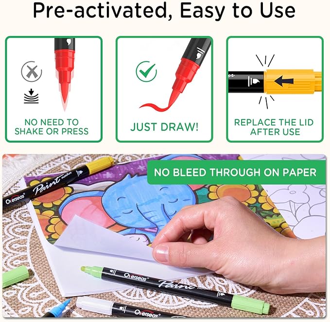 Overseas Gold Acrylic Paint Markers, 2 Pack Dual Tip Paint Pens Acrylic Markers with Dot and Brush Tip, Coloring Marker for Wood, Rock, Canvas, Glass, Metal, Ceramic, Plastic, Fabric, School Supplies