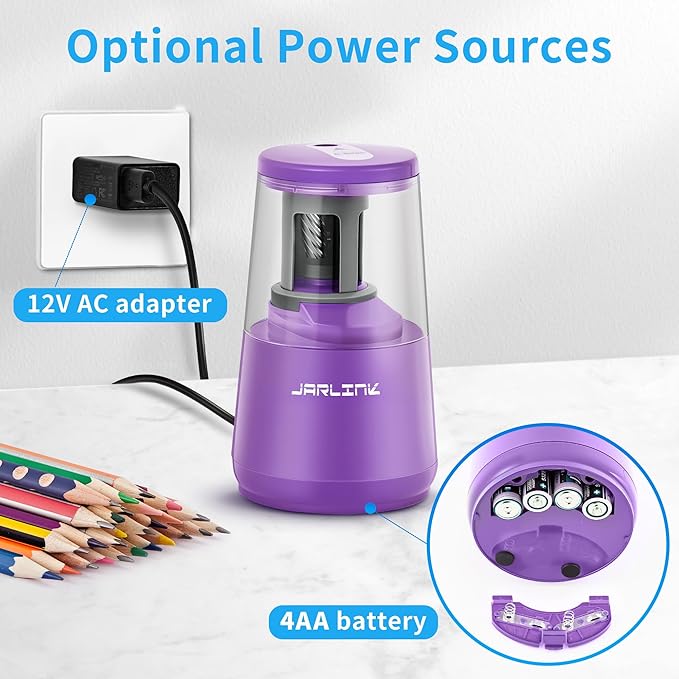 JARLINK Electric Pencil Sharpener, Heavy-Duty Helical Blade to Fast Sharpen, Auto Stop for No.2/Colored Pencils(6-8mm), USB/Battery Operated in School Classroom/Office/Home (Purple)