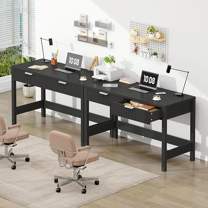 47 Inch Small Fluted Computer Desk with 2 Drawers for Bedroom, Home Office | Small Computer Desk with Storage, Compact Writing Study Vanity Desk for Small Spaces, Black