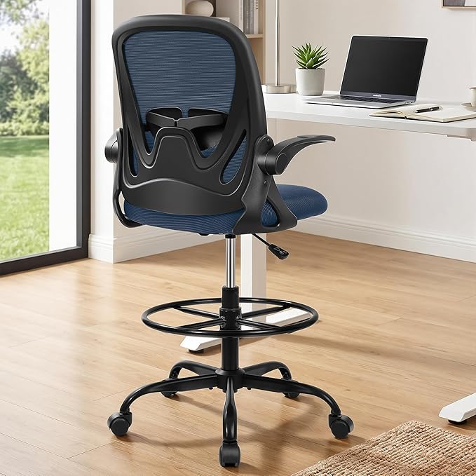 Drafting Chair Tall Office Chair with Flip-up Armrests Executive Ergonomic Computer Standing Desk Chair with Lumbar Support and Adjustable Footrest Ring (Navy)