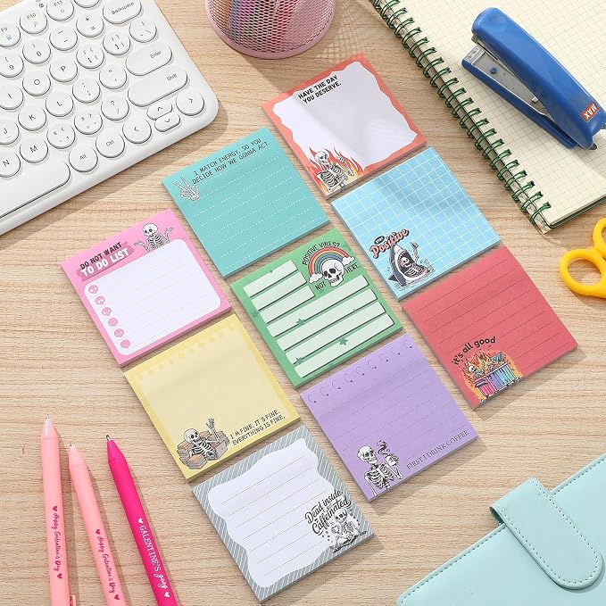 9 Pads Skeleton Sticky Notes, 3x3 Inch Cute Stick Notepads | Adhesive Memo Notes Pad, Coworker Gifts, Office Supplies Decor, Desk Accessories for Students, Teacher, Meeting