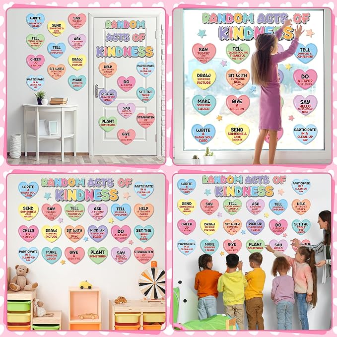 Random Acts of Heart Kindness Bulletin Board Set Colorful Motivational Classroom Decoration Sweet Candy Heart Kind Challenge Cutouts for Back to School Office Home Chalkboard Decor Wall Door