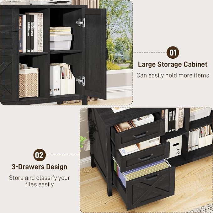 Befrases Farmhouse Lateral Filing Cabinet, Lateral File Cabinet with 3 Drawers and Cabinet, Large Printer Stand with File Drawer for Letter/A4 Size Hanging Files for Home Office, Rustic Black