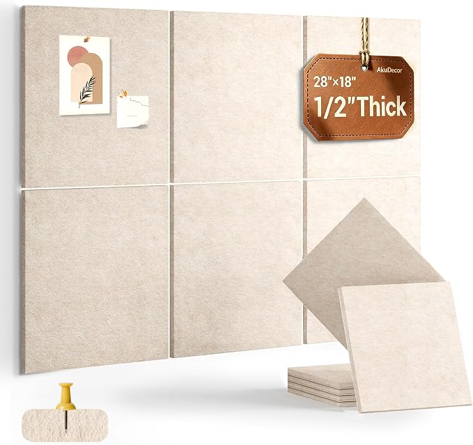 28" x 18" Felt Bulletin Board Tiles 1/2" Thick, Beige | 6 Pack Felt Tiles, Large Cork Board Alternative, 30 Adhesive Tabs, Pin Board for Home Office Decor with Easy Install