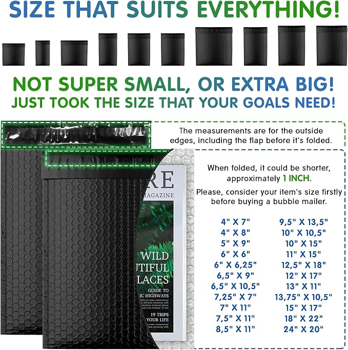 Poly Bubble Mailers, 10.5 x 15 Inch Matte Black Padded Mailers, Self Seal Shipping Envelopes, Lightweight Poly Mailer Bags, Waterproof Mailing Bags, Pack of 25