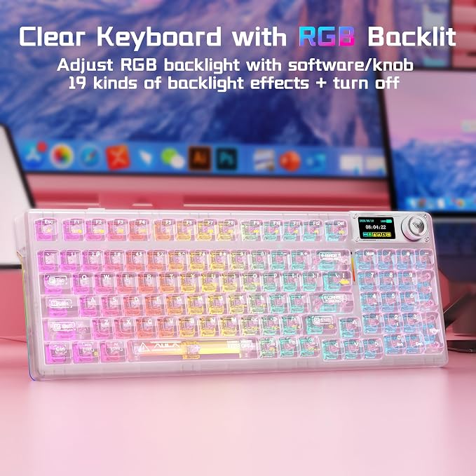 Aula F98Pro V3 Wireless Mechanical Gaming Clear Keyboard with Screen & Knob | Triple-Mode Hot Swappable, Gasket Mount Linear Switches, Clear Keycaps RGB Backlit, TFT Screen 10000mAh Battery for PC/Office