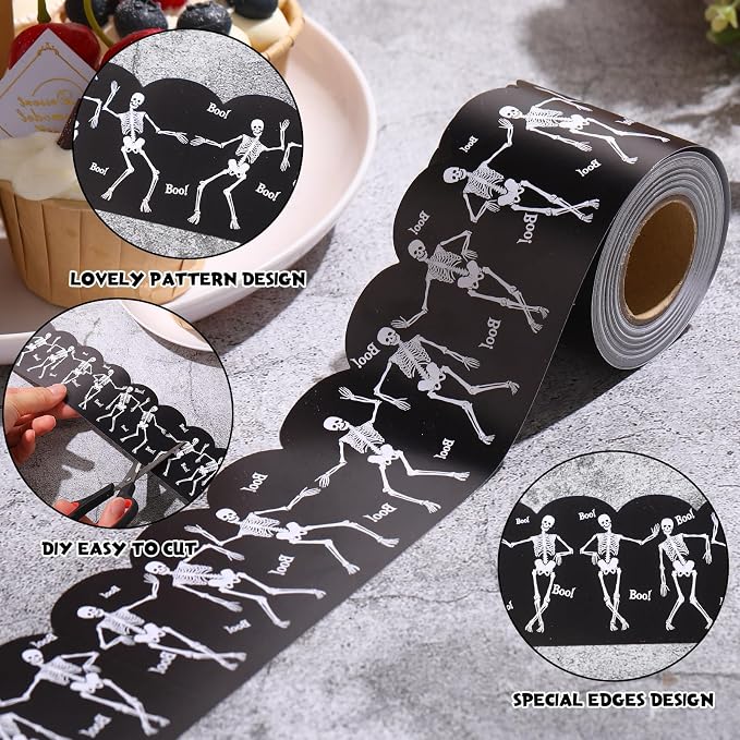 32.8 Ft Halloween Skeleton Bulletin Board Borders, Scalloped Trim | Black Scalloped Edge with Skeleton Boo Design, Ideal for Classroom Displays, Office Boards, Halloween Party Decorations
