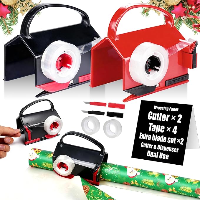 (2-Pack) Wrapping Paper Cutter & Tape Dispenser Dual Use - 4 Tapes, 2 Replace Blades - Gift Wrap Tool, Paper Roll Slicer, Smooth Straight Cut Packaging Tool for Birthday, Holiday & Office Use