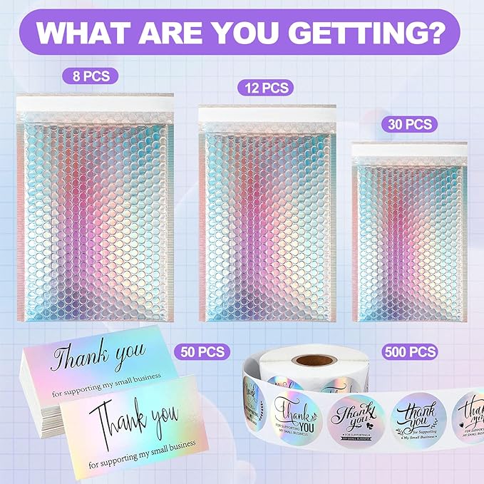 50 Pcs Metallic Bubble Mailers,With Thank You Cards and Stickers,Holographic Bubble Mailers,Self Seal Poly Padded Envelopes,Adhesive Shipping Bag,Cushion Envelopes for Mailing Small Business