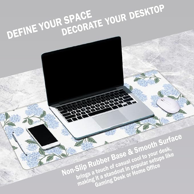 Blue Hydrangea Desk Mat, Blue and White Mouse Pad 23.6x11.8 | Blue Desk Accessories, Flroal Desk Matt for Desktop, Office Accessories for Women, Aesthetic Desk Pad
