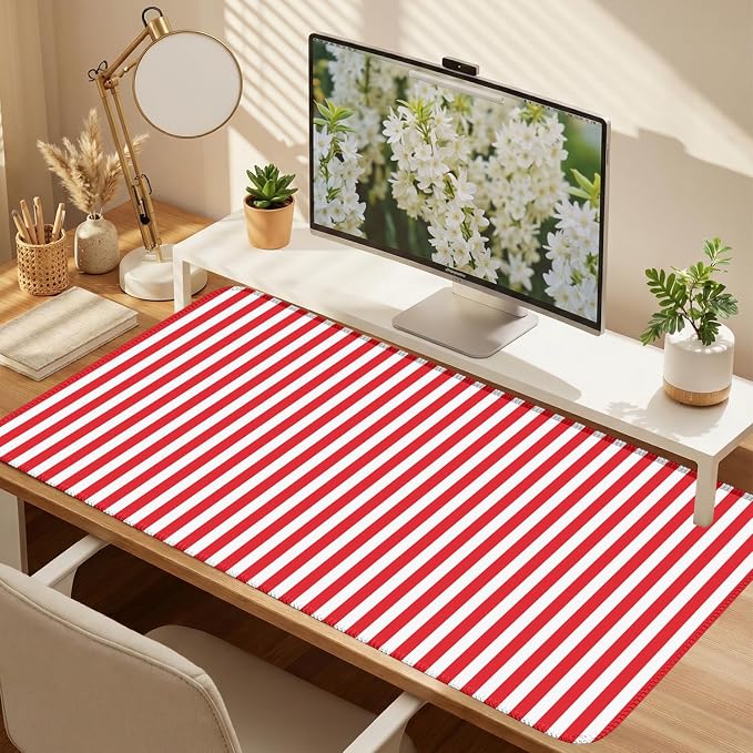 Red Striped Desk Mat Cute Pastel XXL Large Gaming Mouse Pad Desk Pad Kawaii Cozy Aesthetic Keyboard Laptop Computer Mat Home Office Decor for Women