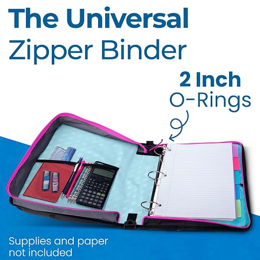 The Universal Zipper Binder - 2" O-Rings - Padded Pocket Holds up to 13 Inch Laptop/Tablet - Multiple Pockets - 400 Page Capacity - Comes with Shoulder Strap - Monster Design Magenta LT-307-ME-MAG