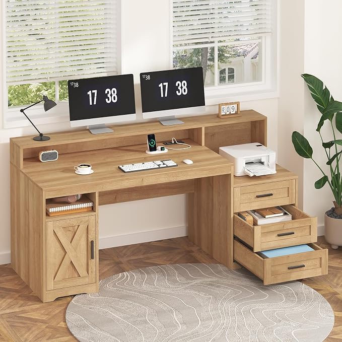 65" Farmhouse Computer Desk with Drawers and Printer Stand for Home Office | Office Desk with Power Outlets and Storage Cabinet, Study Writing Desks with Long Monitor Stand, Oak