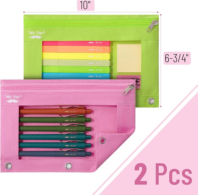 Mr. Pen- Pencil Pouch for 3 Ring Binder, 2 Pack, 10"x6.75", Smooth Zipper | Clear Window, Large Capacity Pencil Case with 3 Reinforced Grommets for School, Office, Supplies Storage | Clear Window, Large Capacity Pencil Case with 3 Reinforced Grommets f...