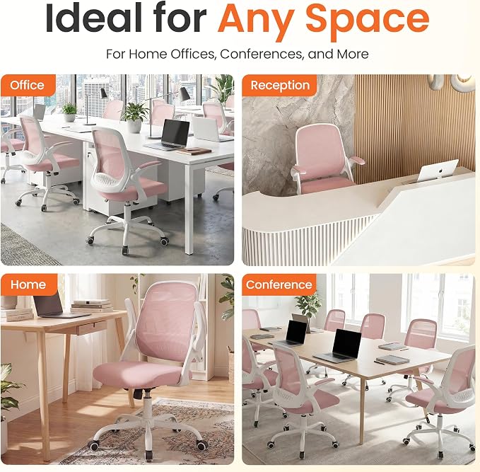 NEO CHAIR Office Computer Chair Ergonomic Mesh Back Flip-Up Arms, Pink | Lumbar Support, Smooth-Rolling Casters, Height Adjustable Seat, Comfortable Seating for Office, Study and Computer Work