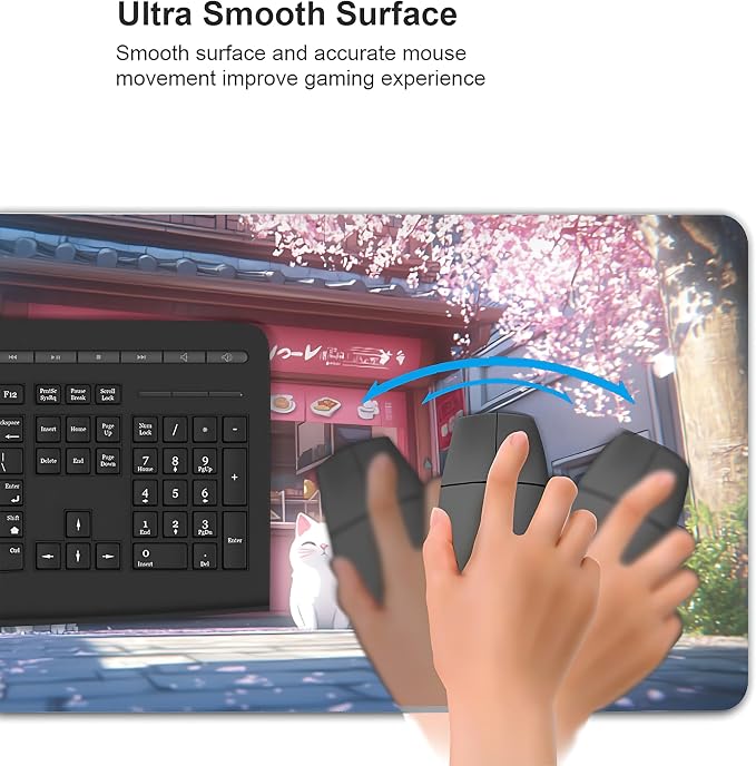Cute Anime White Cat Gaming Mouse Pad, Blue Pink Anime Desk Mat with Anti-Slip Base & Stitched Edges, Computer Keyboard & Laptop Pad, 35.4" x 15.7" in in Workstation Accessories