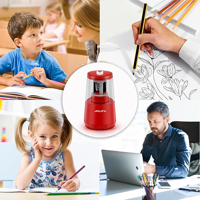 JARLINK Electric Pencil Sharpener, Heavy-Duty Helical Blade to Fast Sharpen, Auto Stop for No.2/Colored Pencils(6-8mm), USB/Battery Operated in School Classroom/Office/Home (Red)