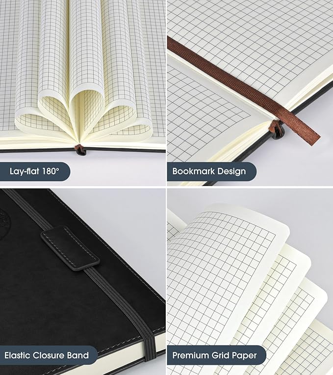 Graph Paper Notebook Journal for Women Men,140 Pages Hardcover Grid Notebooks for Work & School,Leather Journals for Writing, Graphing Paper Notebook 5.7"×8.3" (Black)