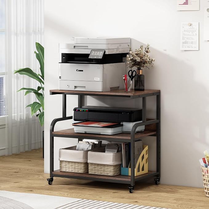 Fannova 32.3" Wide Extra Large Printer Stand with Adjustable Storage Shelf | Heavy Duty Printer Table with Industrial Wheels, 3 Tier Rolling Cart for 3D Printers Wide Format Printers, Rustic Brown