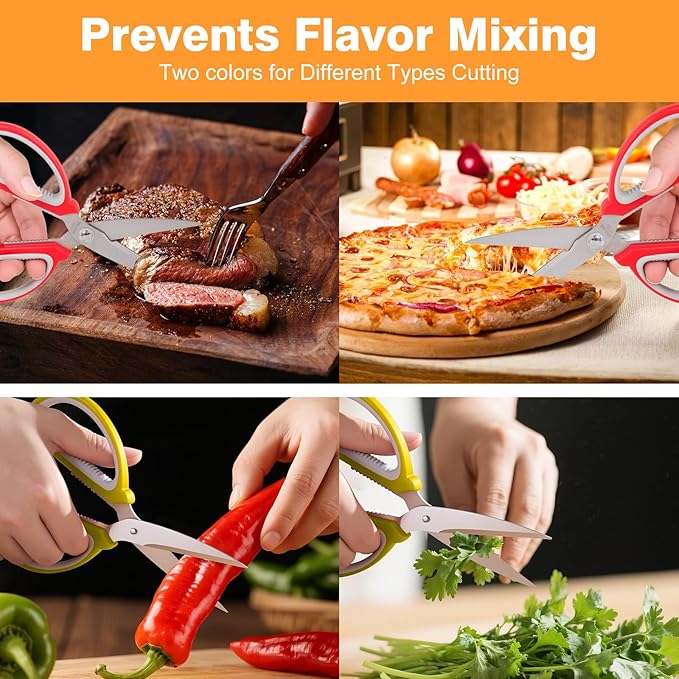 2-Pack Kitchen Shears, Lightweight Scissors, Stainless Steel with Large Non-Slip Handle, 7.67 Inch, Red and Yellow