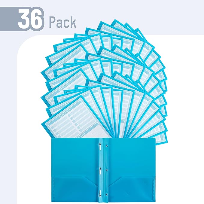 Mr. Pen- Plastic Folders with Pockets and Prongs, 36 Pack, Letter Size, Blue, Flexible Plastic Folders with Prongs, Clear Front Pocket and Card Slot