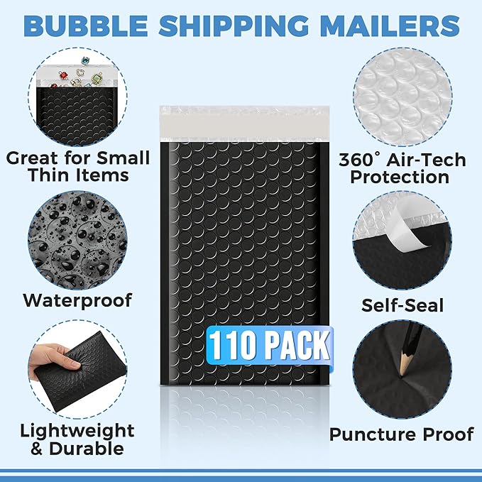 110-Pack Bubble Mailer 4'' x 8'' - Self-Sealing Waterproof Small Mailing Envelopes Padded Lightweight Shipping Bags for Accessories, Small Parts, Jewelry, Trading Cards, Compact Items 4x7 Usable Space