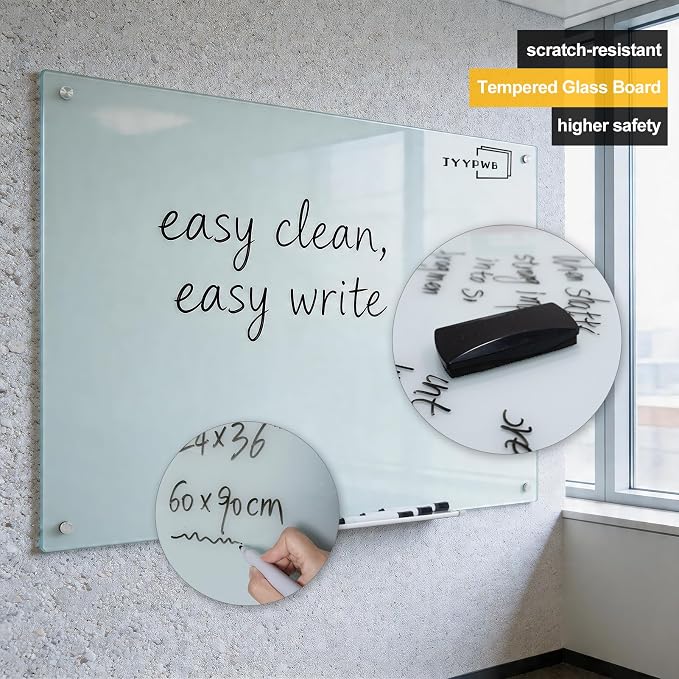 Magnetic Glass Whiteboard with Eraser 48" x 36" Frameless Tempered Glass Dry Erase Board with Marker Tray for Office, Wall Mounted Writing Board (White)