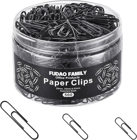 FUDAO FAMILY 500pcs Paper Clips Assorted Sizes, Small, Medium and Large（1.1inch, 1.3inch and 2inch Paper Clips, Vinyl Coated Paperclips for Office, School, Home Supplies (Black)