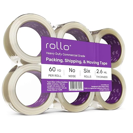 Rollo No Noise Packing Tape - Silent Shipping Tape (60 Yards x 2" Wide) | 2.6 Mil Thick, 6 Refill Rolls. Clear Heavy Duty Industrial Quiet Tape for Packaging, Shipping, Moving, Storage, No Bubbles