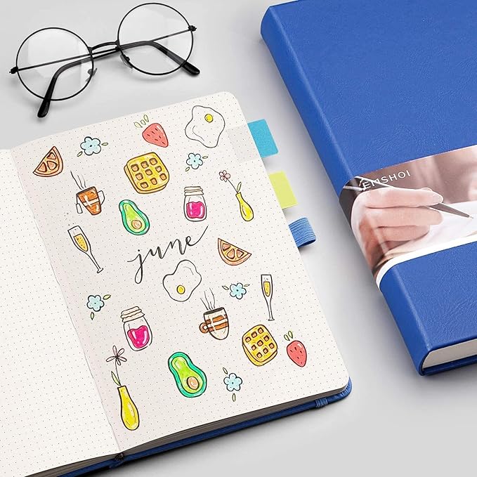 EMSHOI Dotted Journal Notebook, 256 Pages, 120 GSM Thick Paper, A5 Small 5.75"x8.38", PU Leather Hardcover, 5mm Dot Grid Notebook for Journaling, Planning, Drawing, Writing, Blue