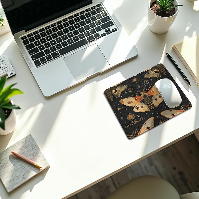 Vintage Moody Moth Pattern Mouse Pad, Dark Contemporary Botanical Symmetrical Moth Mousepad for Desk Home Office Dorm Computers Laptop, Gothic Aesthetic Desk Accessories, 9.5x7.9 Inch